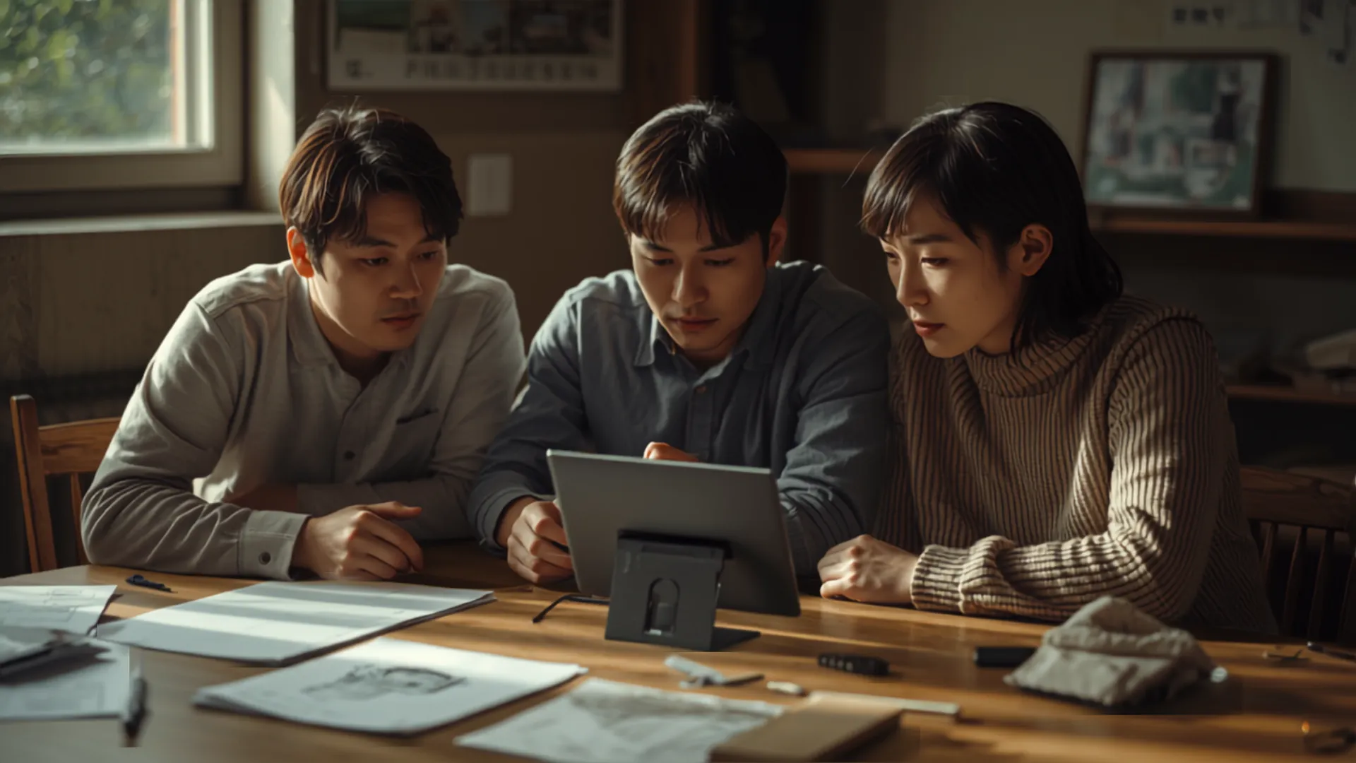人とAIで進めた試作を、三人で画面を囲んで確認する様子